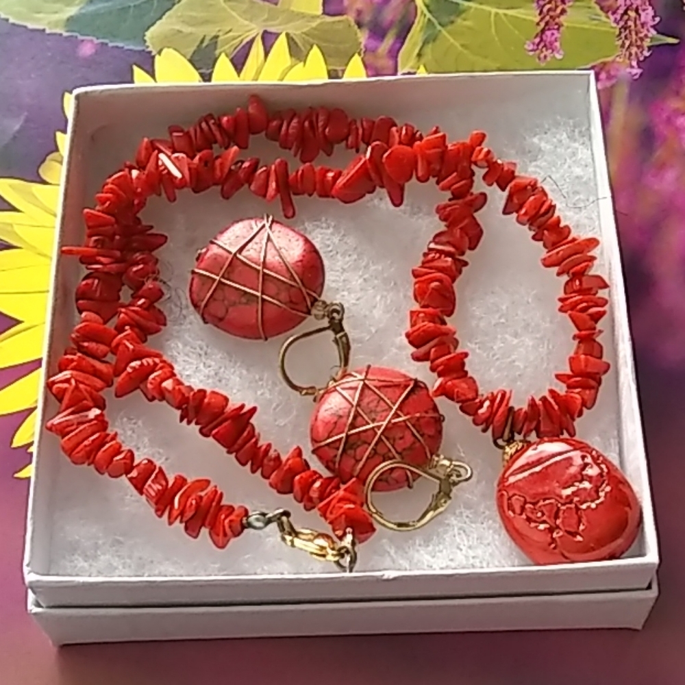 Necklace/Choker, Earrings Set, Orange Stone